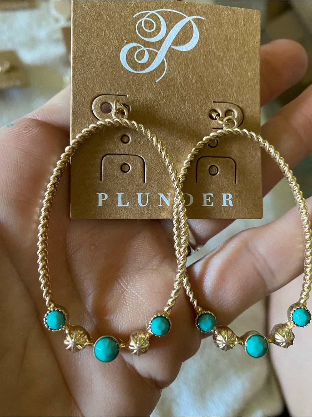 Plunder Gold Hoop Earrings with Turquoise Accents - Picture 2 of 2